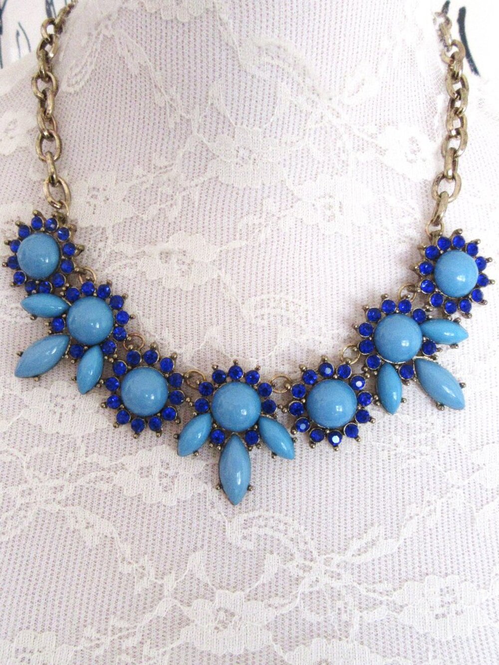 Dark blue rhinestone & faux turquoise beaded necklace